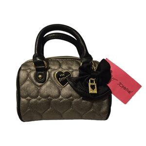 Betsey Johnson Metallic Gray Quilted Hearts with Bow Mini Barrel Crossbody Purse